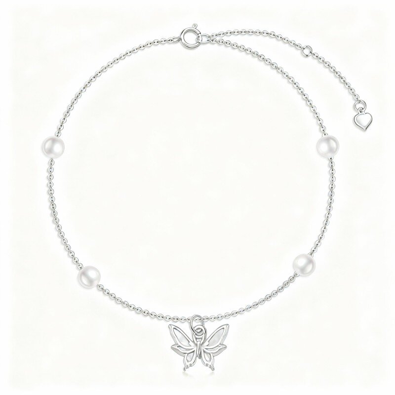 10K White Gold Opal & Pearl Butterfly Single Layer Charm Anklet-10