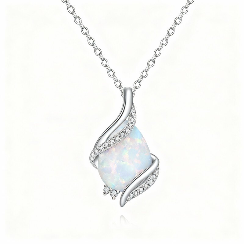 Naszyjnik z 18-karatowego białego złota z cyrkoniami i opalem-1