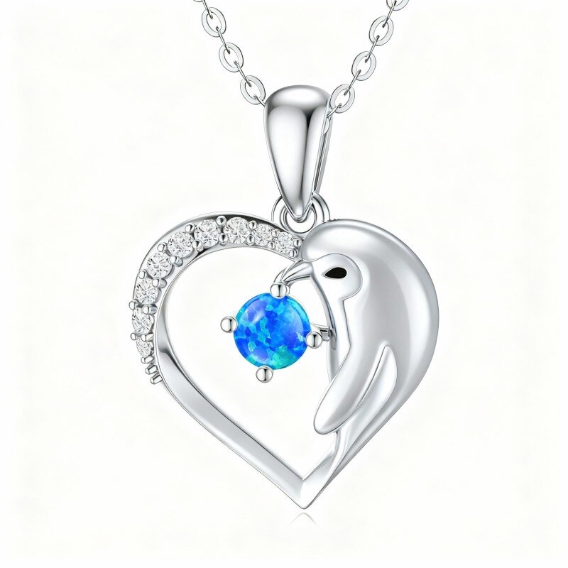 10K White Gold Cubic Zirconia & Opal Penguin & Heart Pendant Necklace-1
