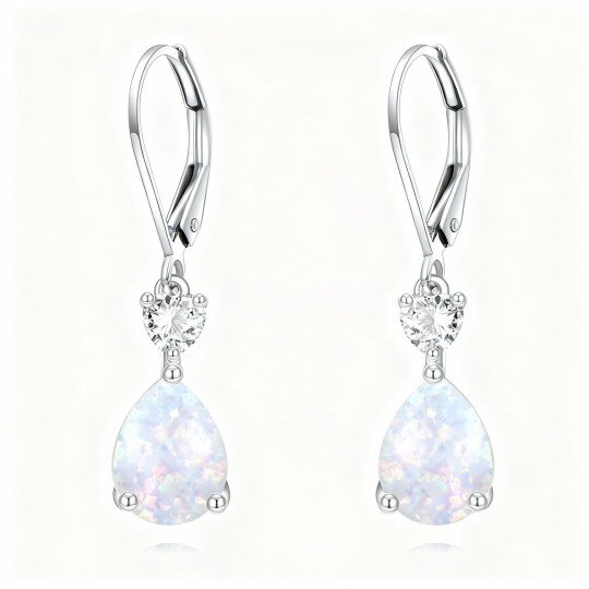 10K White Gold Cubic Zirconia & Opal Personalized Birthstone & Drop Shape & Heart Lever-back Earrings