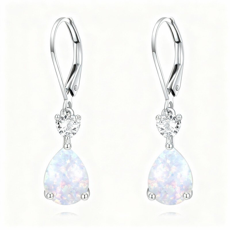 10K White Gold Cubic Zirconia & Opal Personalized Birthstone & Drop Shape & Heart Lever-back Earrings-1