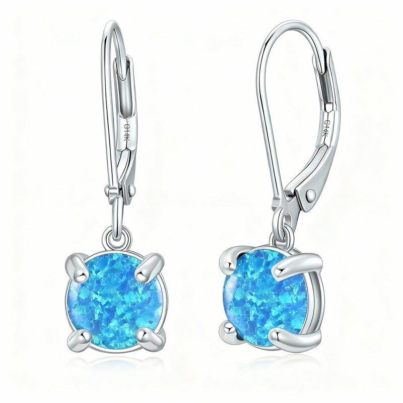 10K White Gold Opal Round Lever-back Earrings-15