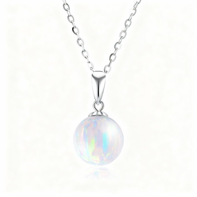 10K White Gold Opal Round Pendant Necklace-2