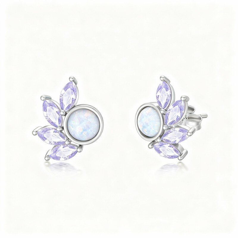 Brincos de pino redondos com opala em ouro branco 10K-4