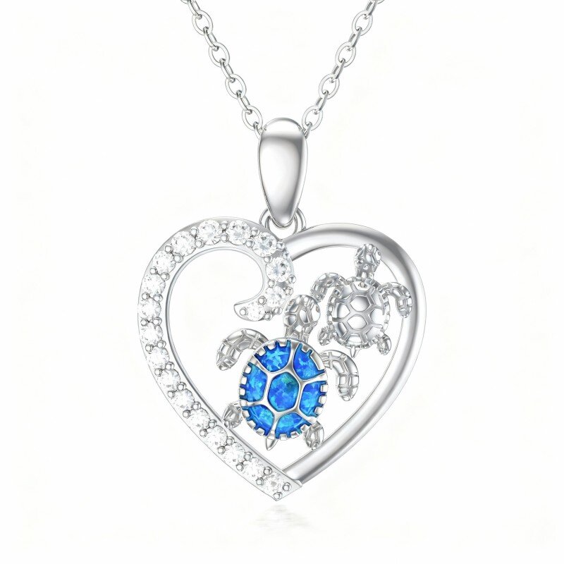 10K White Gold Cubic Zirconia & Opal Sea Turtle & Heart Pendant Necklace-10