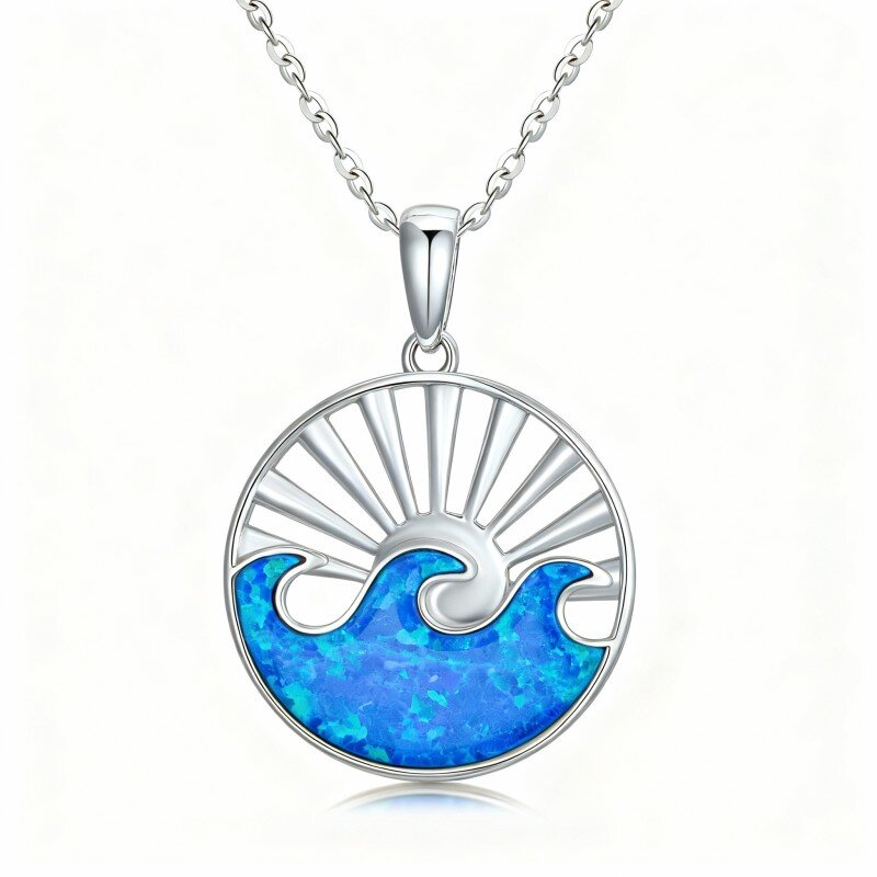 Collana con ciondolo a forma di sole e spruzzo di opale in oro bianco 10K-17