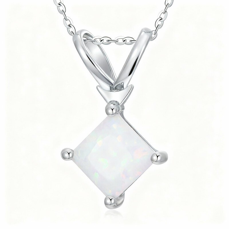 10K White Gold Opal Square Pendant Necklace-13