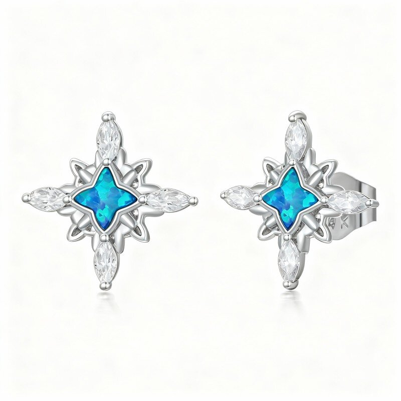 10K White Gold Opal Star Stud Earrings-9