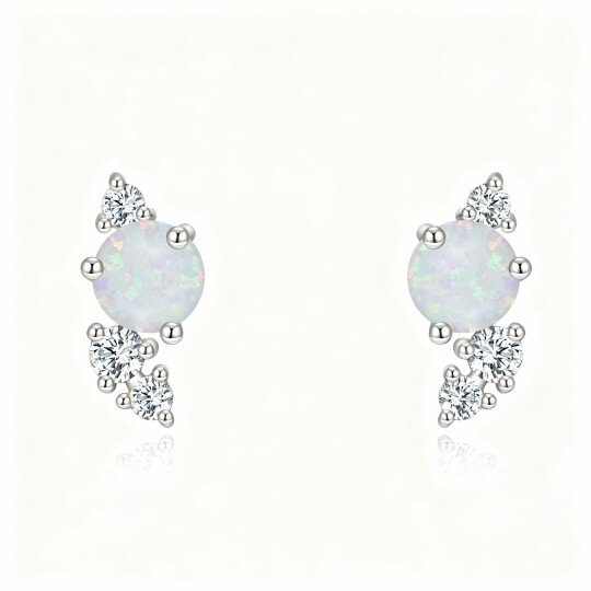 10K White Gold Cubic Zirconia & Opal Stud Earrings