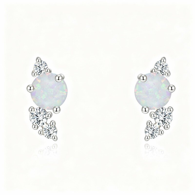 Brincos de pino em ouro branco 10K com zircónias cúbicas e opala.-14