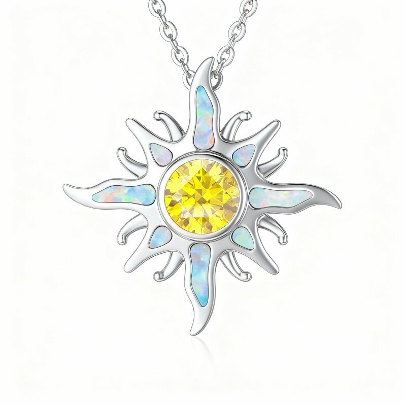 10K White Gold Cubic Zirconia & Opal Sun Pendant Necklace-12