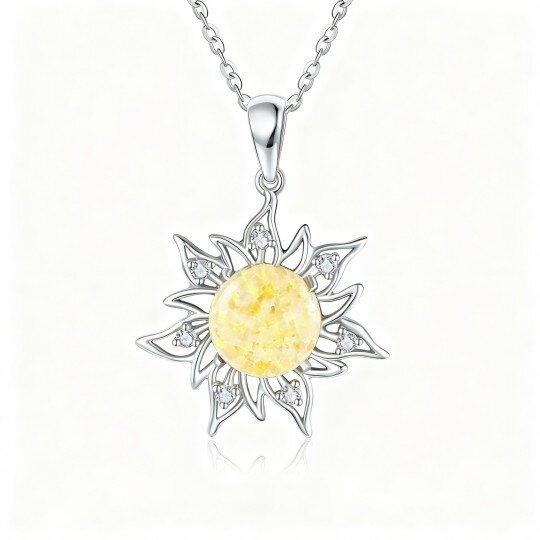 Colar com pendente de sol em ouro branco 10K com zircónias cúbicas e opala