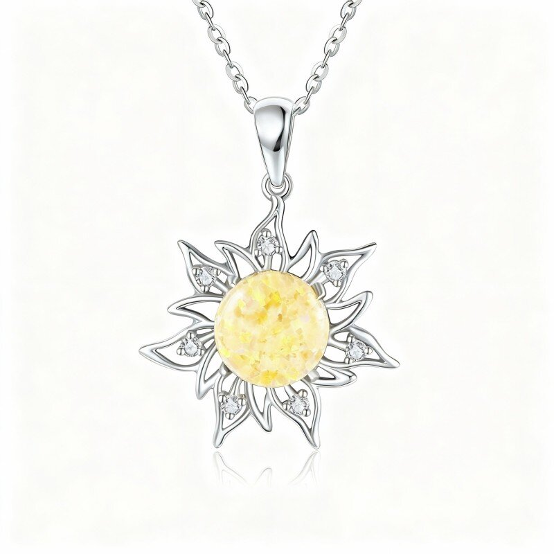 Colar com pendente de sol em ouro branco 10K com zircónias cúbicas e opala-14