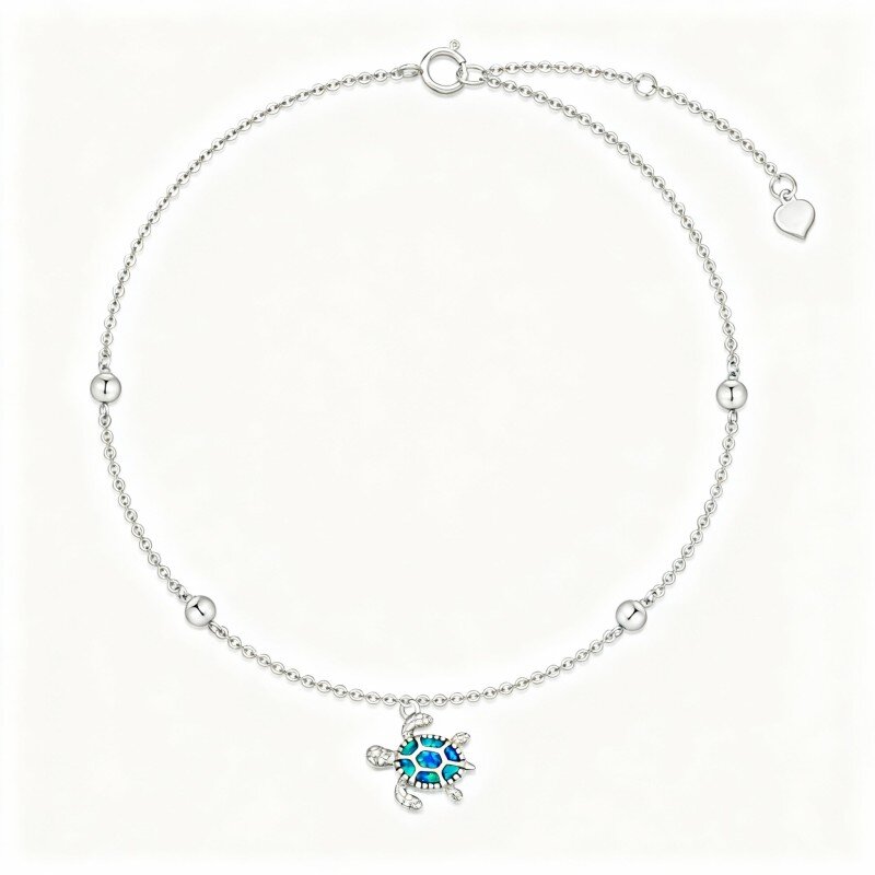 10K White Gold Opal Tortoise Single Layer Charm Anklet-11
