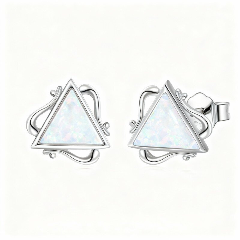 10K White Gold Opal Triangle Stud Earrings-12