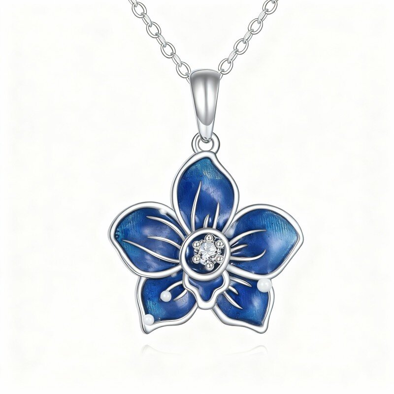 10K White Gold Cubic Zirconia Orchid Pendant Necklace-5