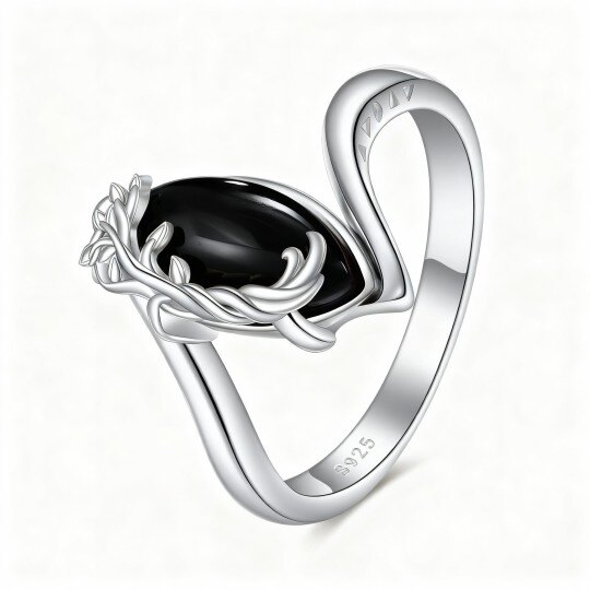 Anillo de oro blanco de 10 quilates con hojas de ágata de corte ovalado