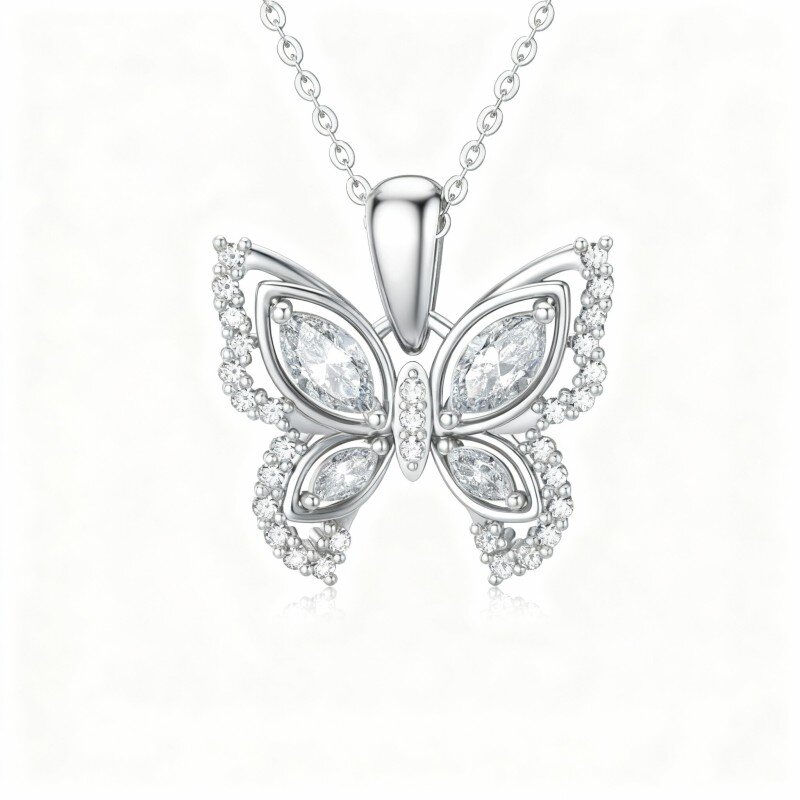 10K White Gold Oval Cut Cubic Zirconia Butterfly Pendant Necklace-6