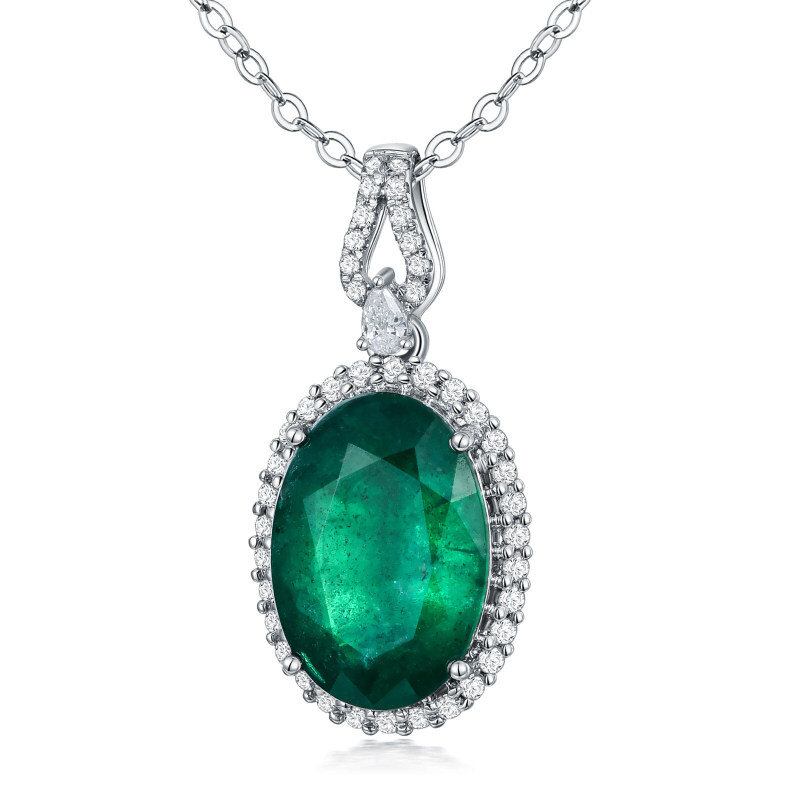 Platinum with White Gold Plated Oval Cut Emerald Round Pendant Necklace-1