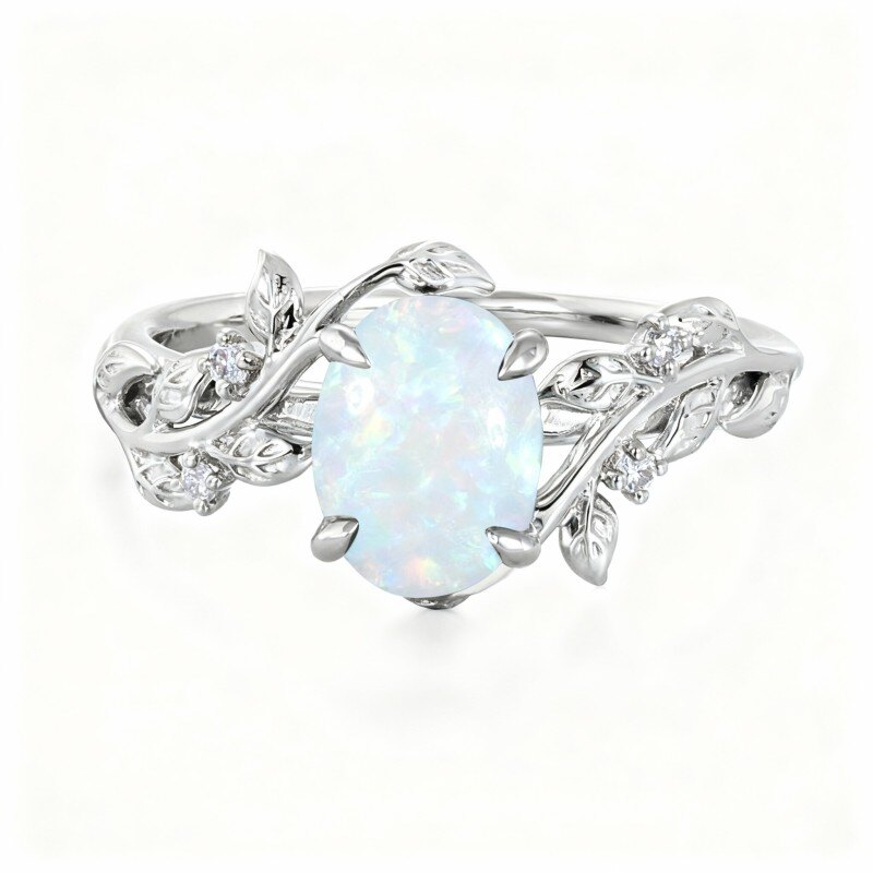 Pierścionek zaręczynowy z bluszczem w szlifie owalnym z 10-karatowego białego złota-2