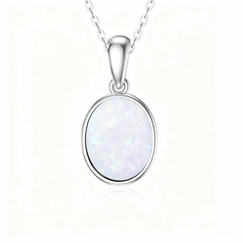 10K White Gold Oval Cut Opal Pendant Necklace-19