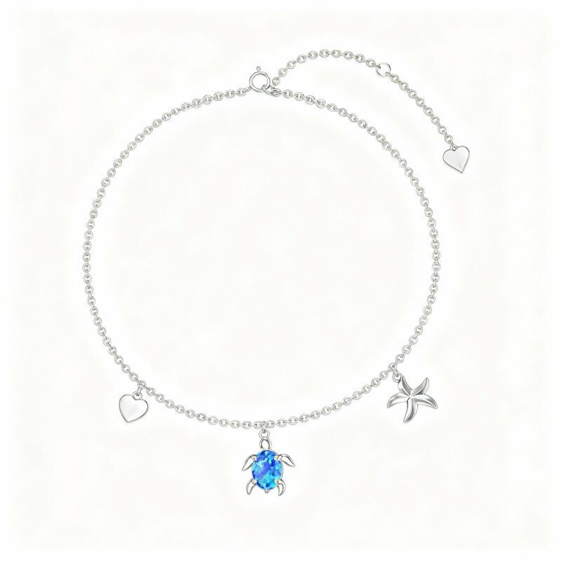 10K White Gold Oval Cut Opal Sea Turtle & Starfish & Shell Single Layer Charm Anklet-3
