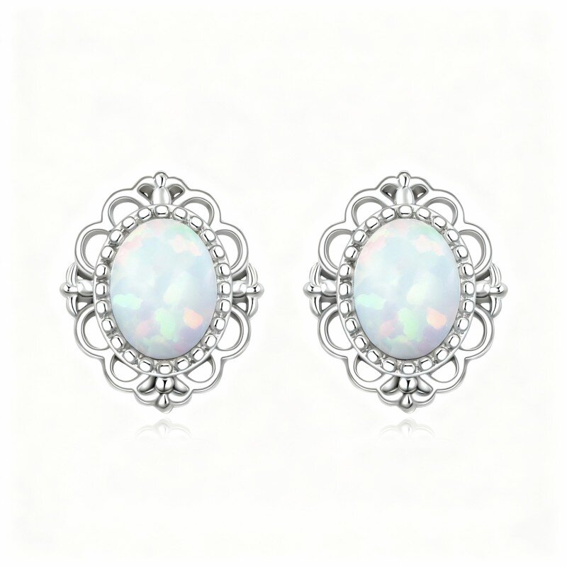 10K White Gold Oval Cut Opal Oval Shaped Stud Earrings-2