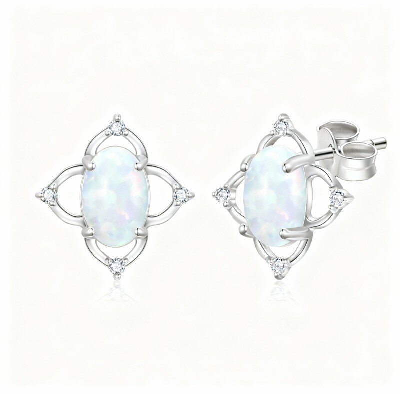 10K White Gold Oval Cut Opal Wildflowers & Oval Shaped Stud Earrings-3