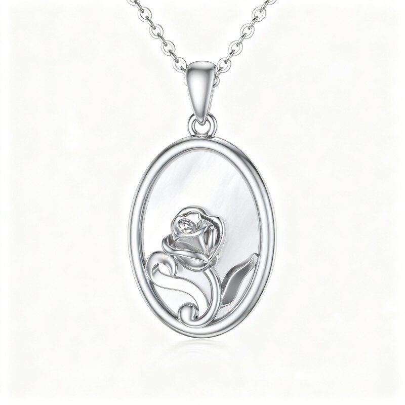 10K White Gold Oval Cut Pearl Rose Pendant Necklace-16