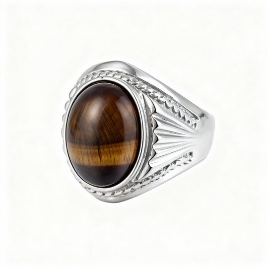 10Kホワイトゴールド オーバルシェイプ タイガーアイ エンゲージリング