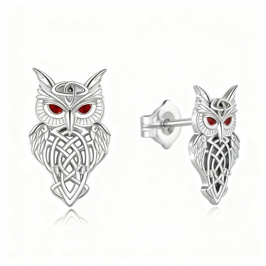 10K White Gold Cubic Zirconia Owl & Celtic Knot Stud Earrings