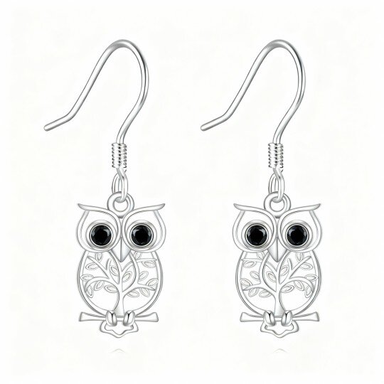10K White Gold Cubic Zirconia Owl Drop Earrings