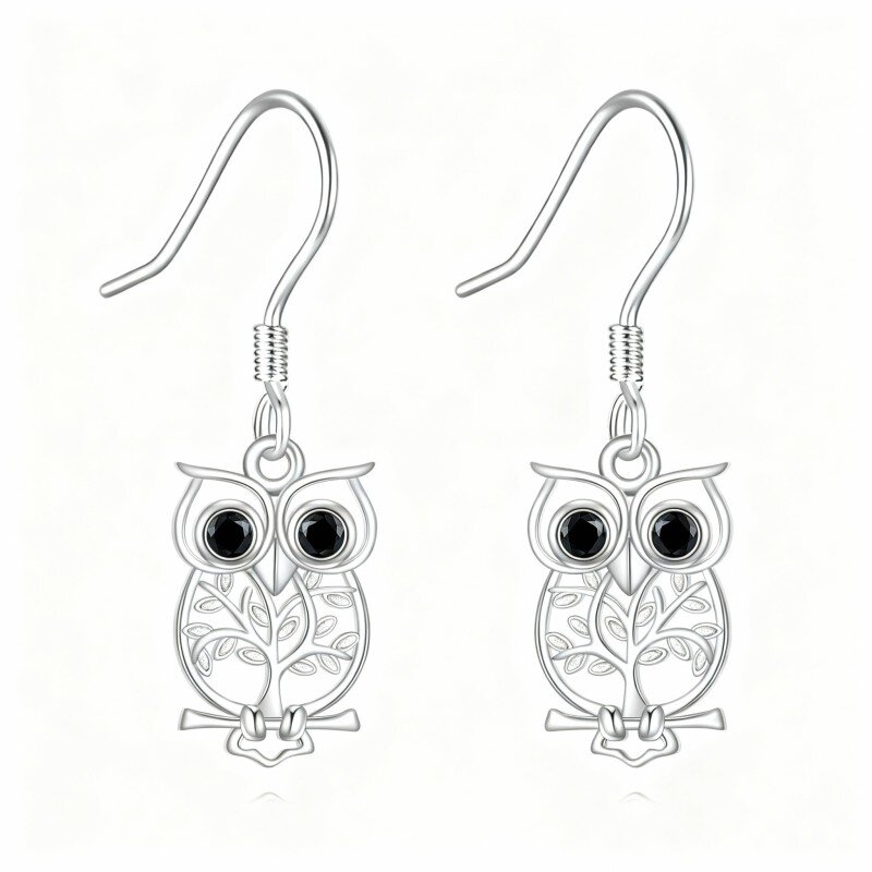Orecchini pendenti a forma di gufo in oro bianco 10 carati con zirconi cubici-14