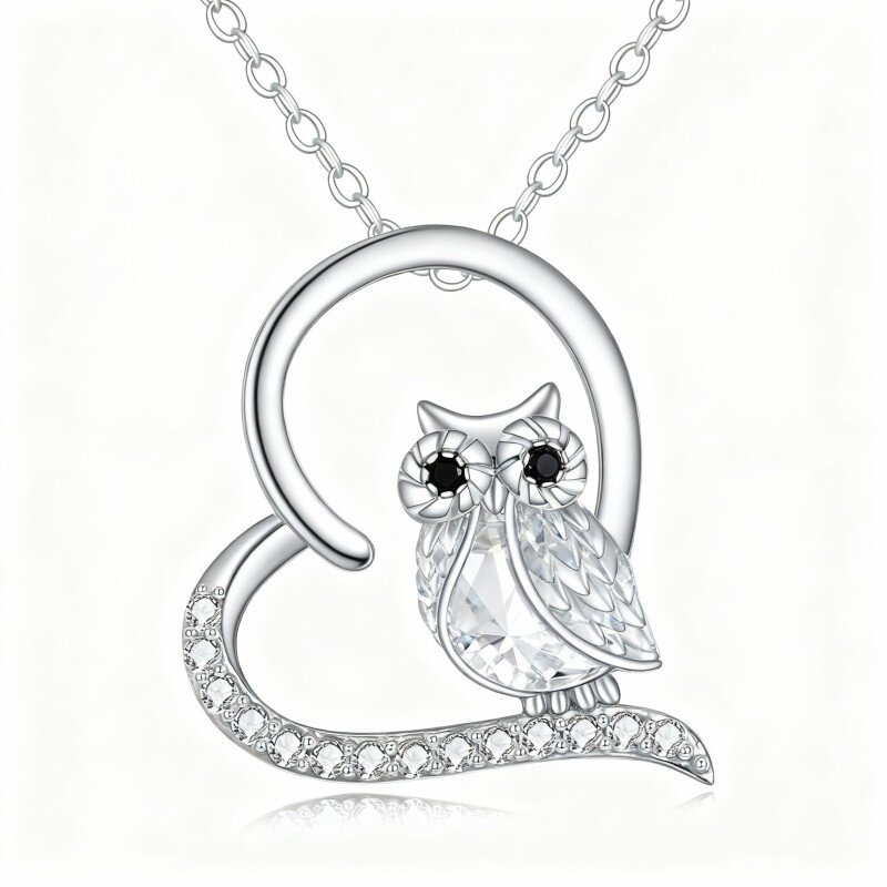 10K White Gold Cubic Zirconia Owl & Heart Pendant Necklace-3