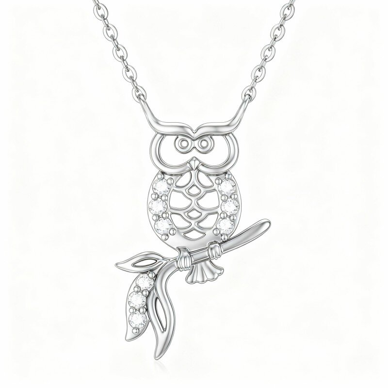 9K White Gold Cubic Zirconia Owl Pendant Necklace-11