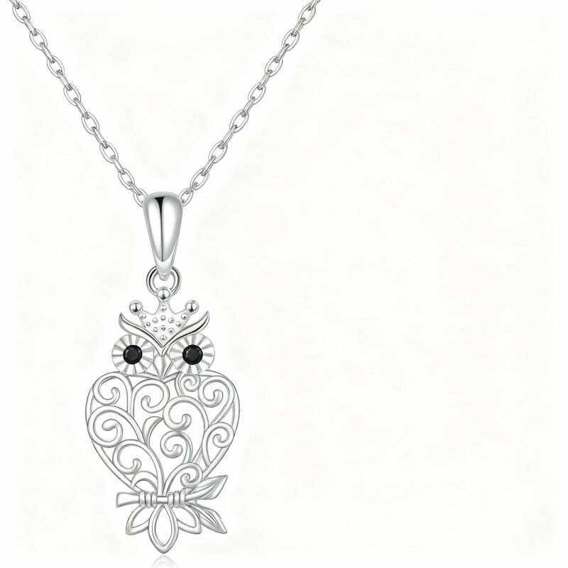10K White Gold Cubic Zirconia Owl Pendant Necklace-6