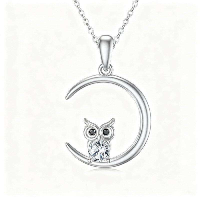 10K White Gold Cubic Zirconia Owl Pendant Necklace-5
