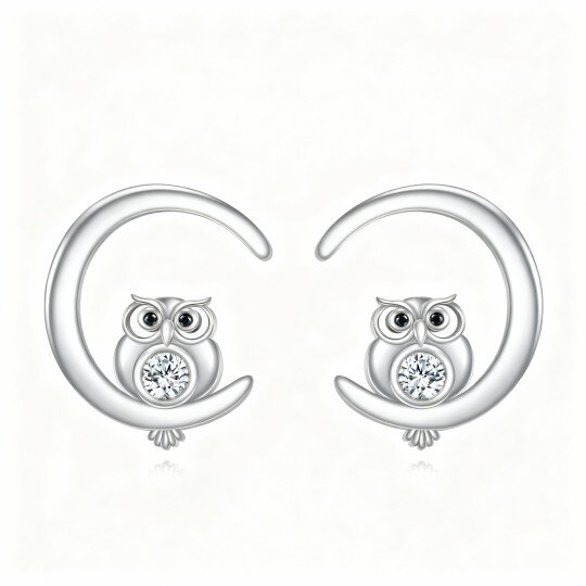 10K White Gold Cubic Zirconia Owl Stud Earrings