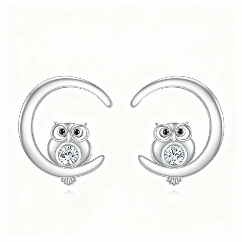 10K White Gold Cubic Zirconia Owl Stud Earrings-13