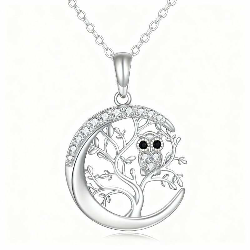 Collar con colgante de búho, árbol de la vida y luna en oro blanco de 10 quilates con circonitas cúbicas-6