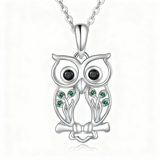 10K White Gold Cubic Zirconia Owl & Tree Of Life Pendant Necklace