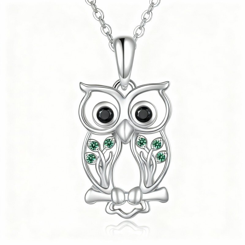 10K White Gold Cubic Zirconia Owl & Tree Of Life Pendant Necklace-13