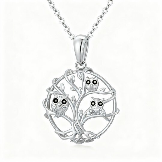 10K White Gold Owl & Tree Of Life Pendant Necklace