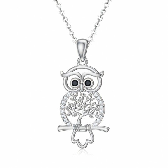 10K White Gold Cubic Zirconia Owl & Tree Of Life Pendant Necklace