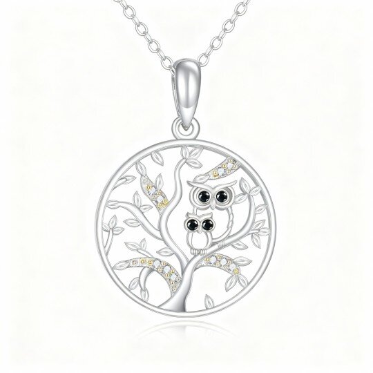 10K White Gold Owl & Tree Of Life Pendant Necklace