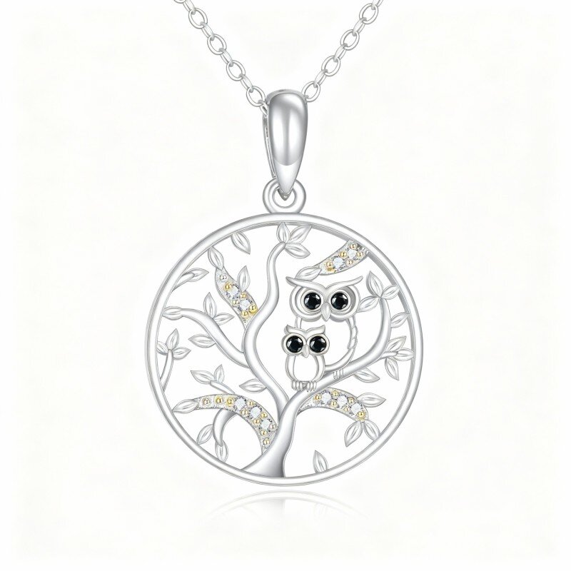 14K White Gold Owl & Tree Of Life Pendant Necklace-1