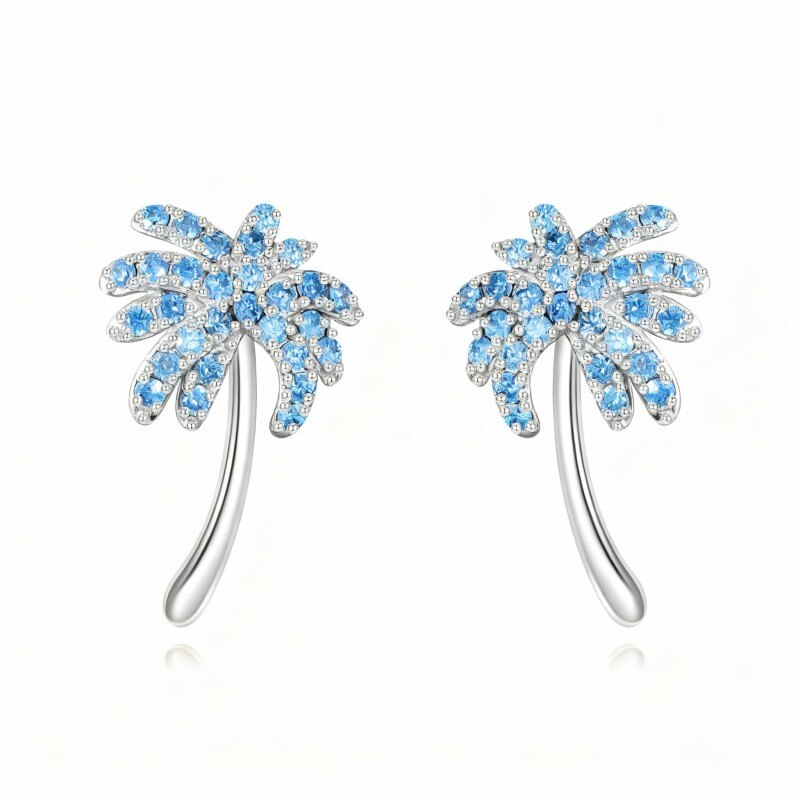 10K White Gold Cubic Zirconia Palm Tree Stud Earrings-1