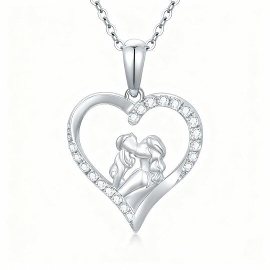10K White Gold Cubic Zirconia Parents & Children & Heart Pendant Necklace