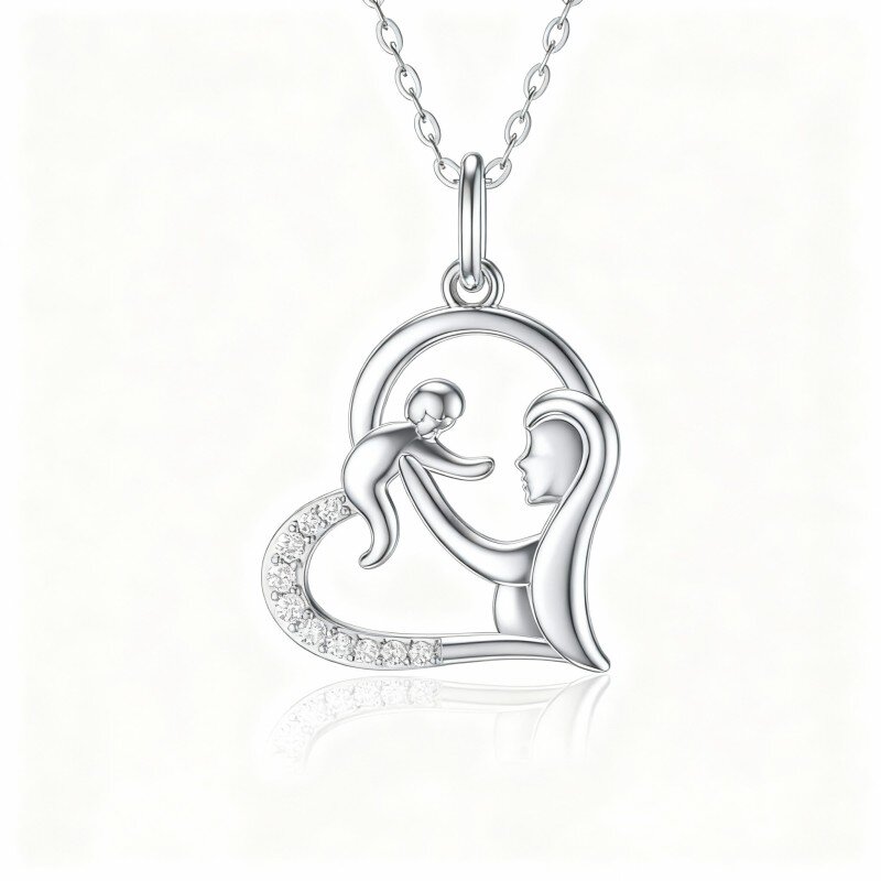 Colar com pendente coração em ouro branco 10K com zircónias cúbicas representando pais e filhos-1