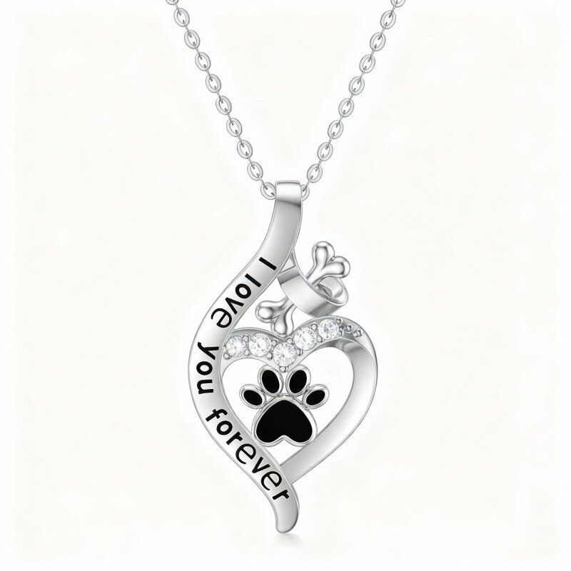 10K White Gold Cubic Zirconia Paw & Bone & Infinity Symbol Pendant Necklace with Engraved Word-1